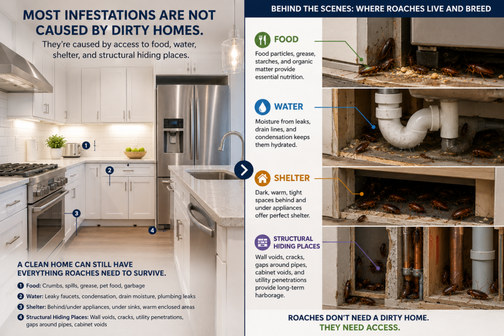 Infographic showing German cockroach infestations come from access to food, water, shelter, and hiding places, not dirty homes, with photos of roaches behind appliances and pipes.