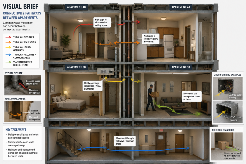 Cutaway diagram of German cockroaches moving between connected apartments through pipe gaps, wall voids, utility openings, and transported boxes.