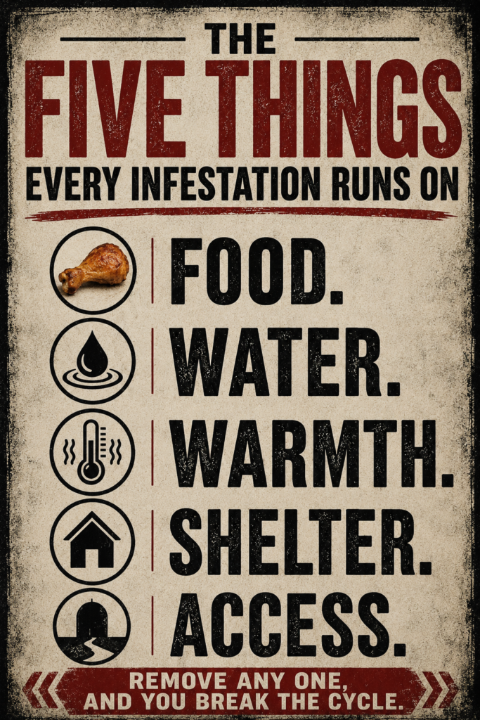 Vintage-style infographic titled The Five Things Every Infestation Runs On, listing the five resources German cockroaches need to survive: food, water, warmth, shelter, and access, each shown with an icon