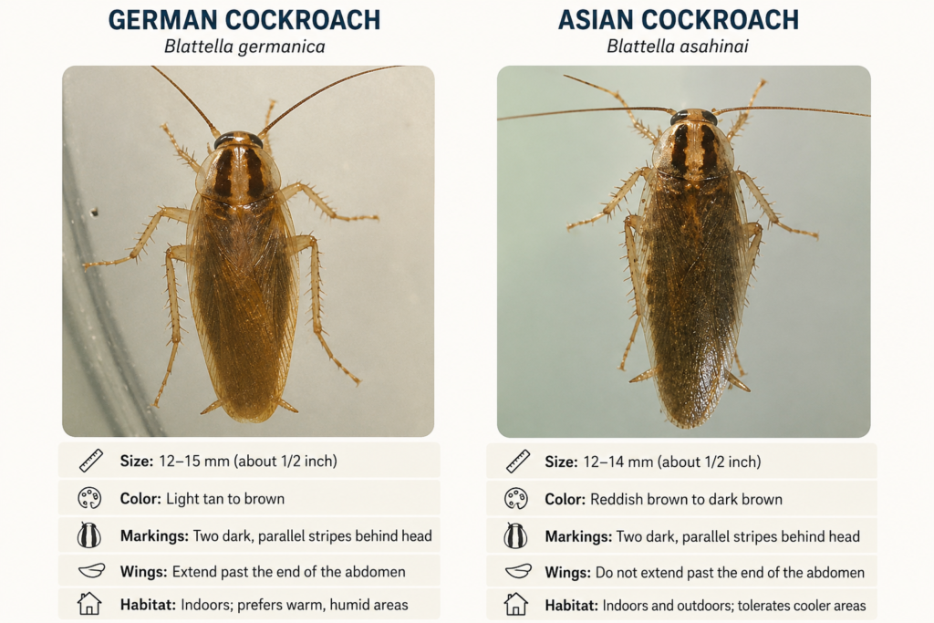 Side-by-side photo comparison of a German cockroach (Blattella germanica) and an Asian cockroach (Blattella asahinai), both about half an inch with two dark parallel stripes behind the head, showing how nearly identical the two species look.
