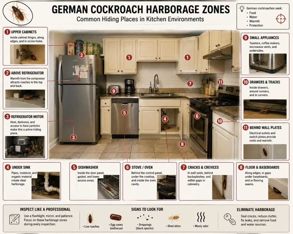 Kitchen cutaway diagram showing numbered German cockroach harborage zones, including hiding spots behind wall plates, inside the oven, in cabinet gaps, and under flooring.