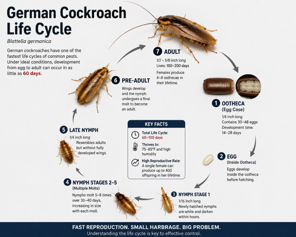Diagram of the German cockroach life cycle, from egg case to nymph to adult.