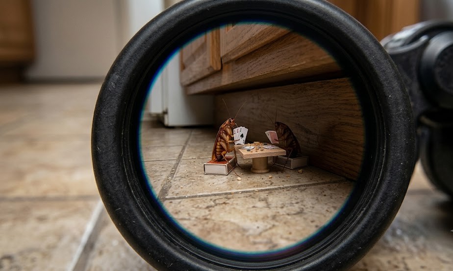 German cockroaches hidden under a kitchen cabinet, viewed through a camera lens, illustrating identifying the enemy before treatment.