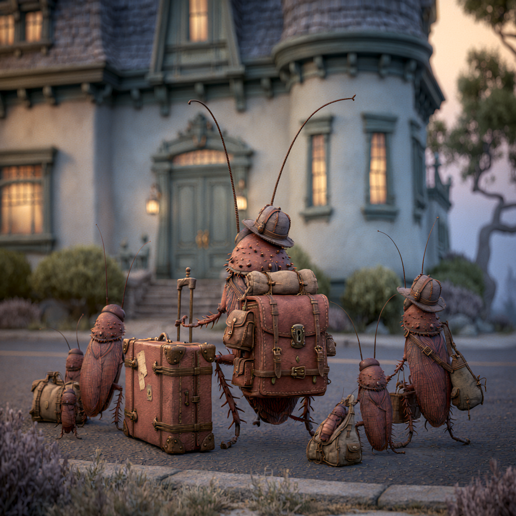 Stylized illustration of cockroaches carrying luggage and backpacks walking up to a house at dusk, representing German cockroaches moving into a building